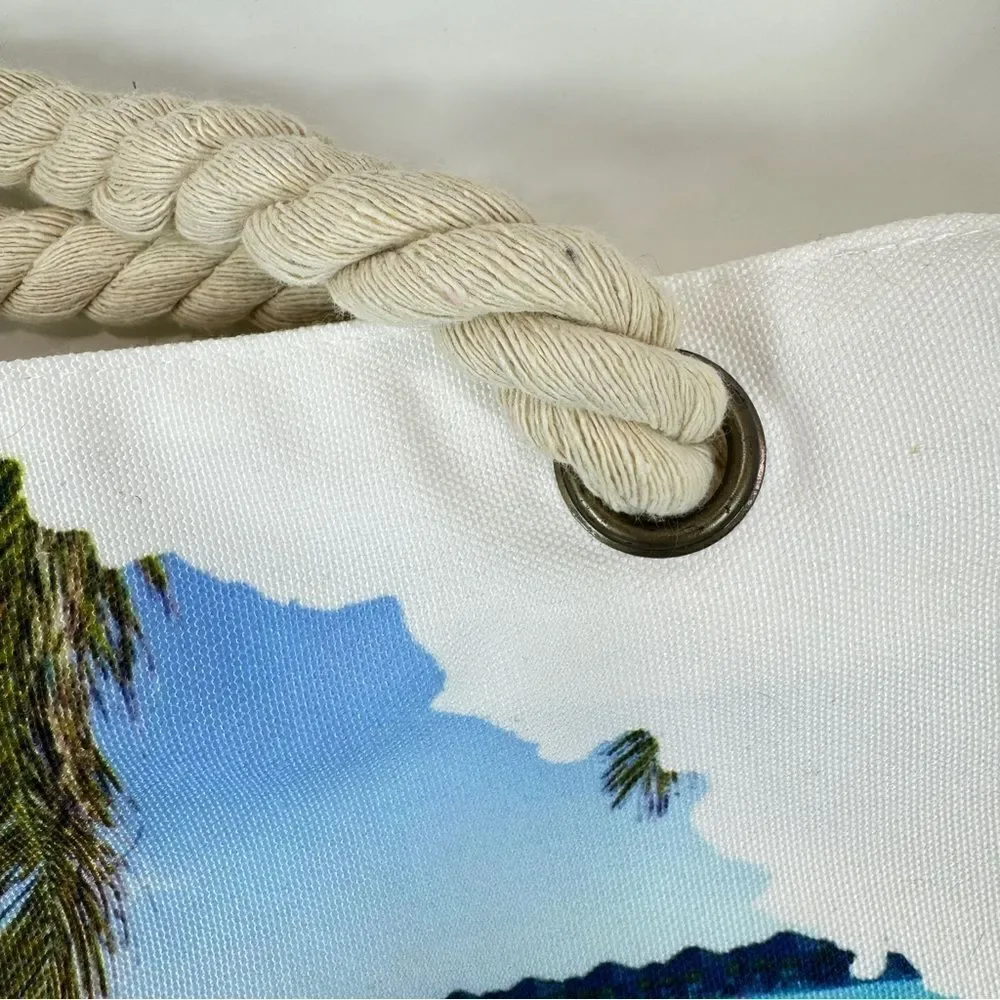 Tropical Out Of Office Beach Scene Canvas Tote Bag‎ White Rope Straps